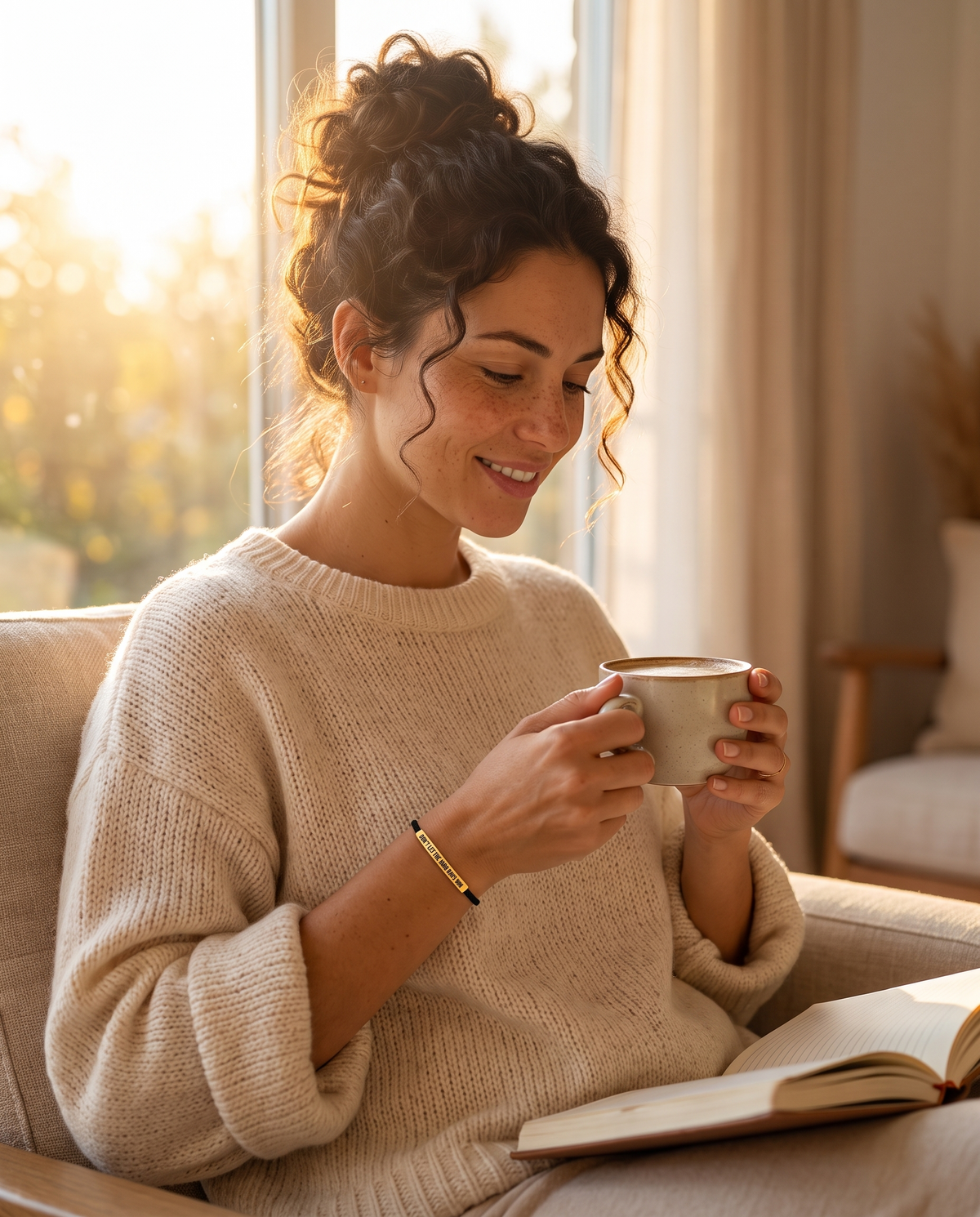 Woman journaling at sunrise wearing the Don't Let The Hard Days Win bracelet