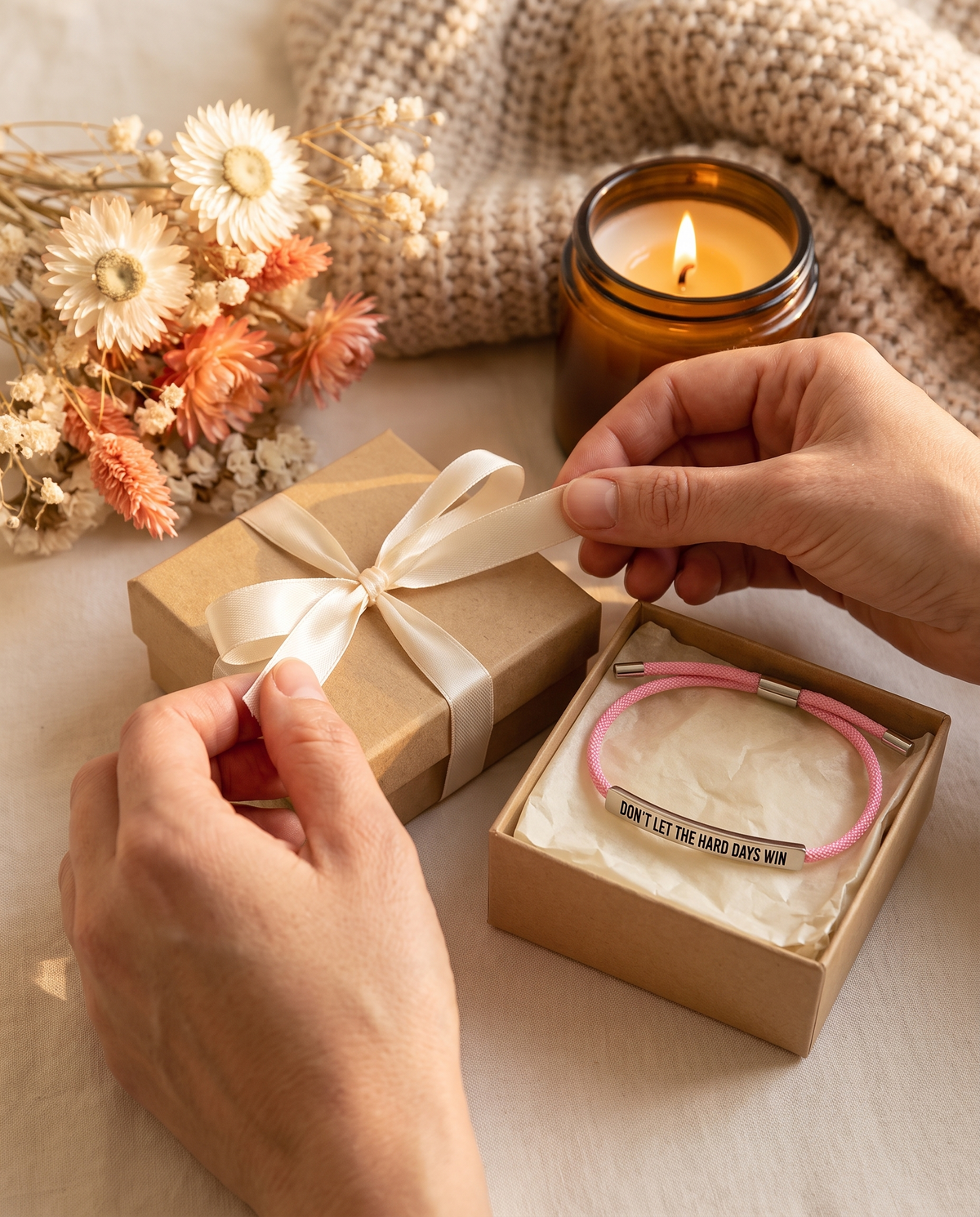 Pink and silver Don't Let The Hard Days Win bracelet in a gift box
